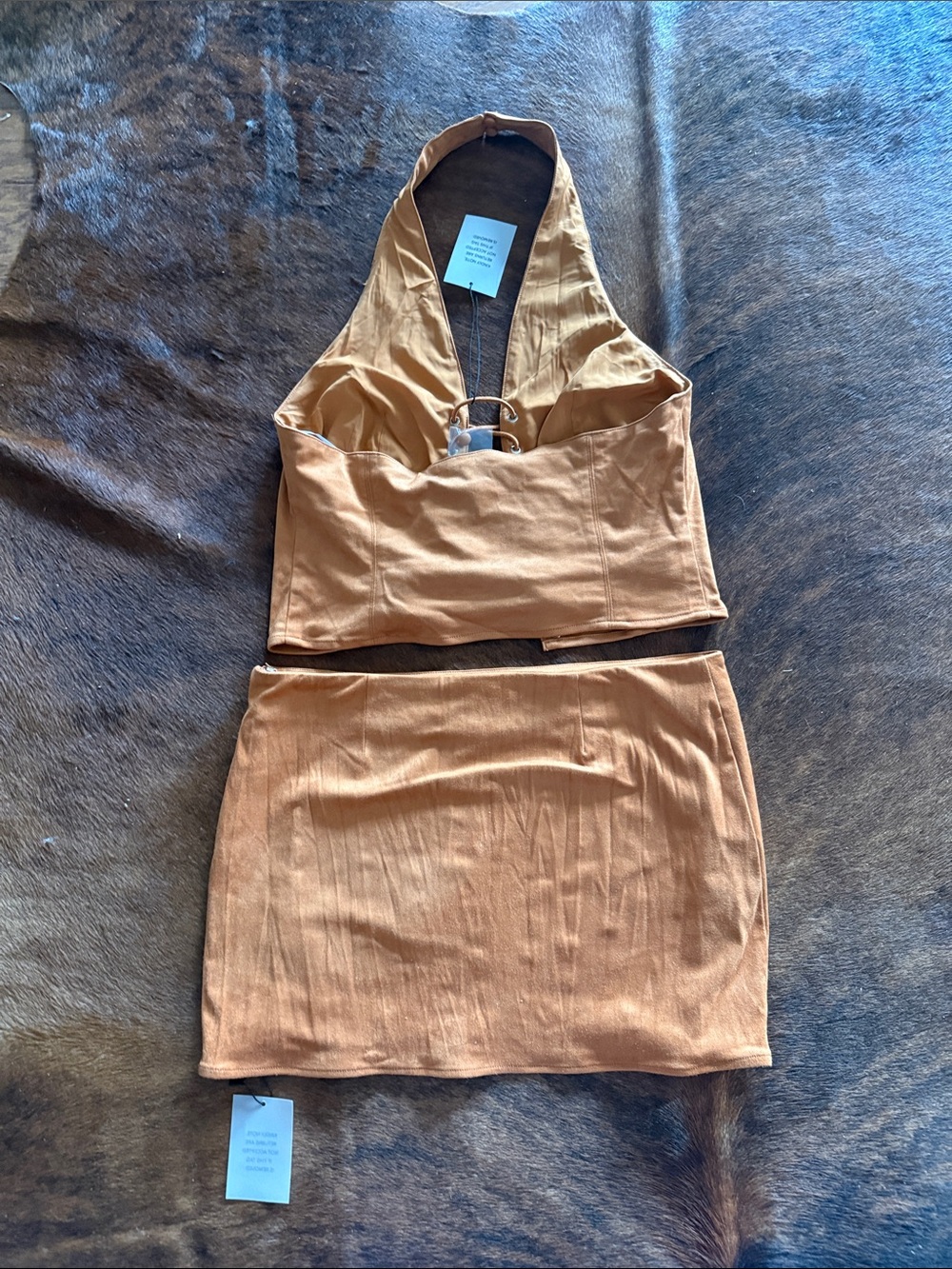 Suede Lace-Up Halter Crop Top and Mini Skirt Set - Cognac - Picture 3 of 3